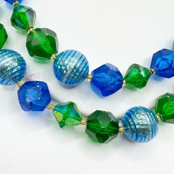 West Germany Vintage Blue Green Lucite Faceted Beaded Necklace 2 Strand MCM - Picture 5 of 16
